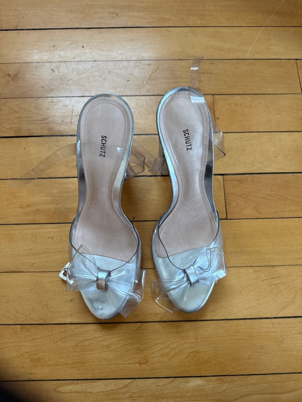 SCHUTZ Silver Bow-Accent Clear Strap Heels
